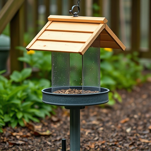 Ground-level feeder with wooden rain canopy
