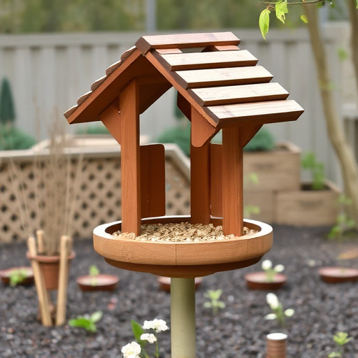 Ground-level feeder with wooden rain canopy