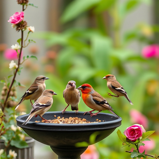 Group of finches feeding in garden