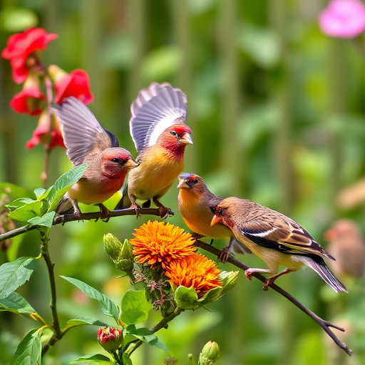 Group of finches feeding in garden