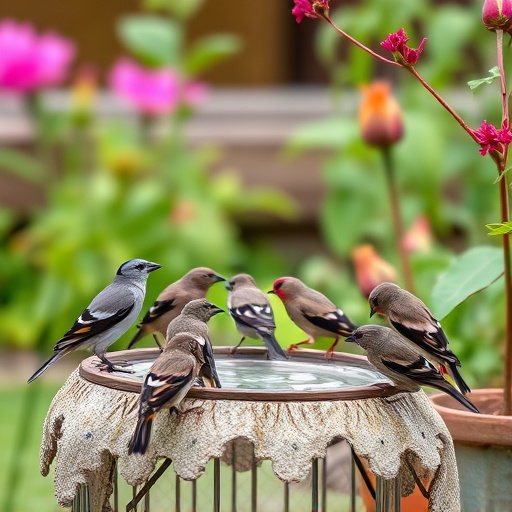 Group of finches feeding in garden