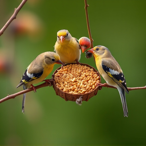 Group of finches feeding on nyjer seed