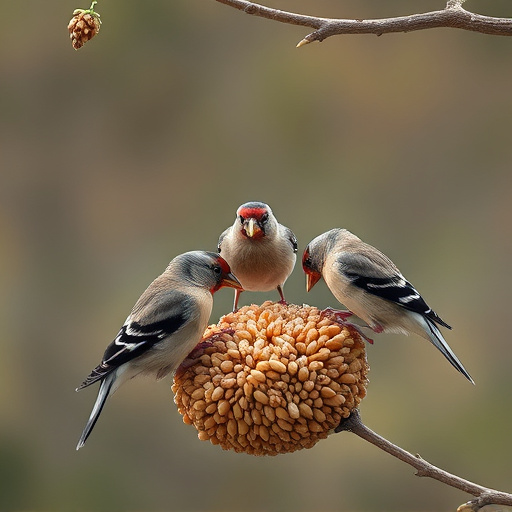 Group of finches feeding on nyjer seed
