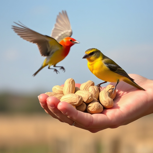 Hand holding fresh peanuts for birds