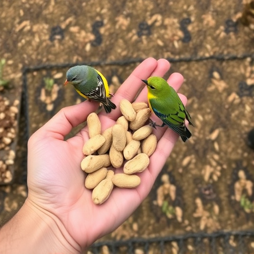Hand holding fresh peanuts for birds