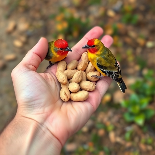 Hand holding fresh peanuts for birds