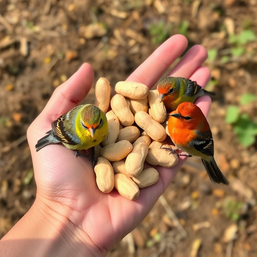 Hand holding fresh peanuts for birds