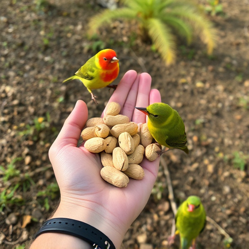Hand holding fresh peanuts for birds