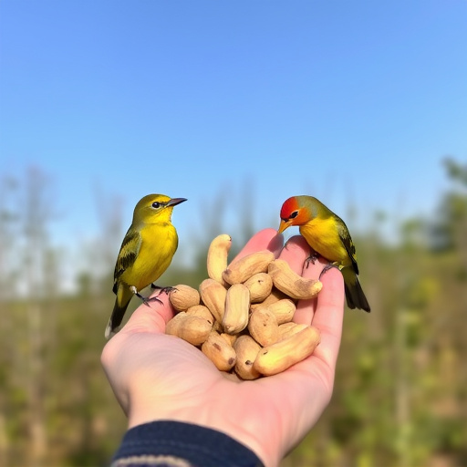 Hand holding fresh peanuts for birds