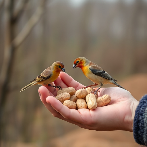Hand holding fresh peanuts for birds