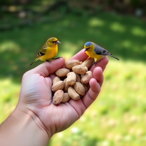 Hand holding fresh peanuts for birds