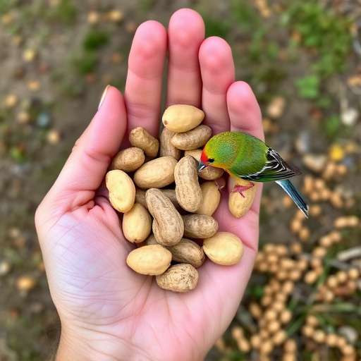 Hand holding fresh peanuts for birds