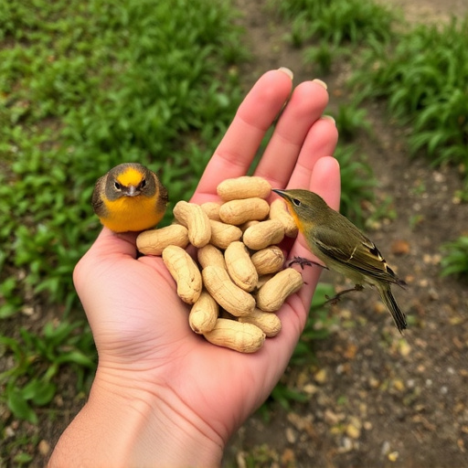 Hand holding fresh peanuts for birds