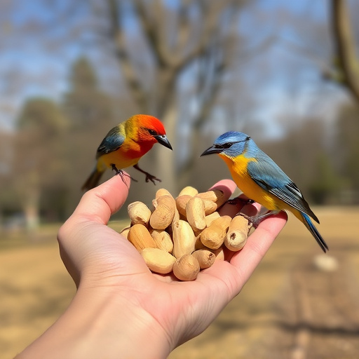 Hand holding fresh peanuts for birds