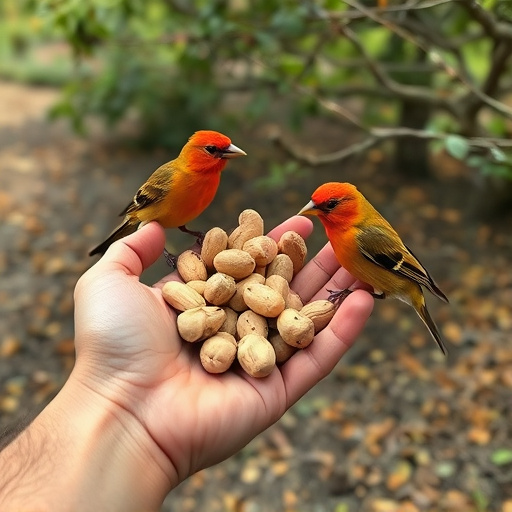 Hand holding fresh peanuts for birds