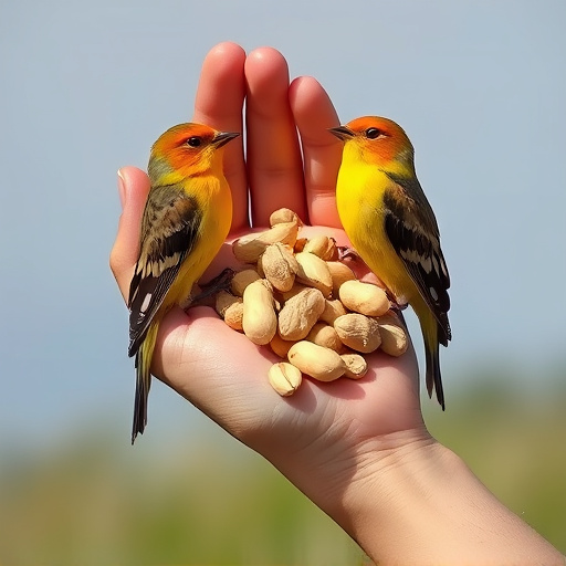 Hand holding fresh peanuts for birds