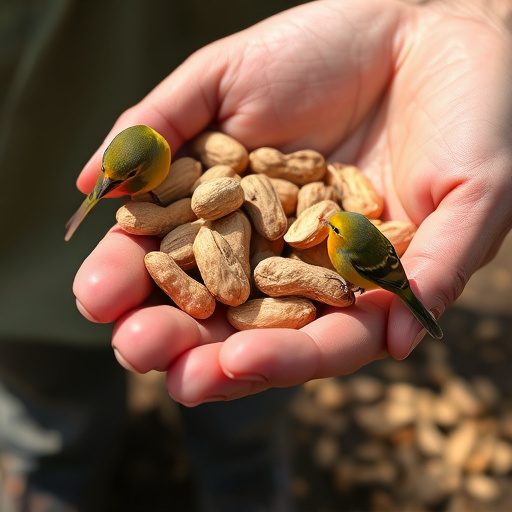 Hand holding fresh peanuts for birds