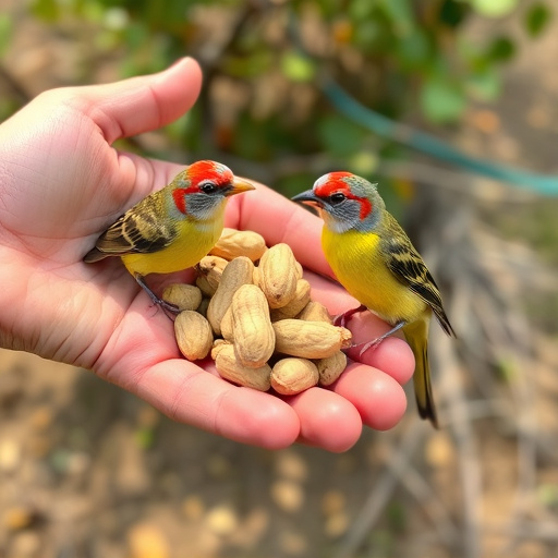 Hand holding fresh peanuts for birds
