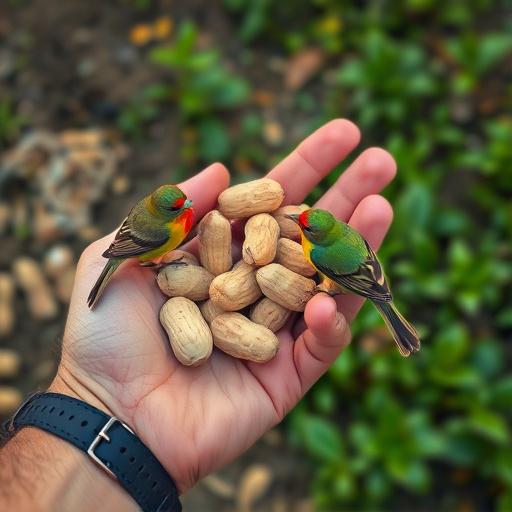 Hand holding fresh peanuts for birds