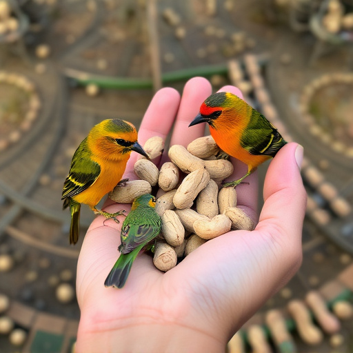 Hand holding fresh peanuts for birds