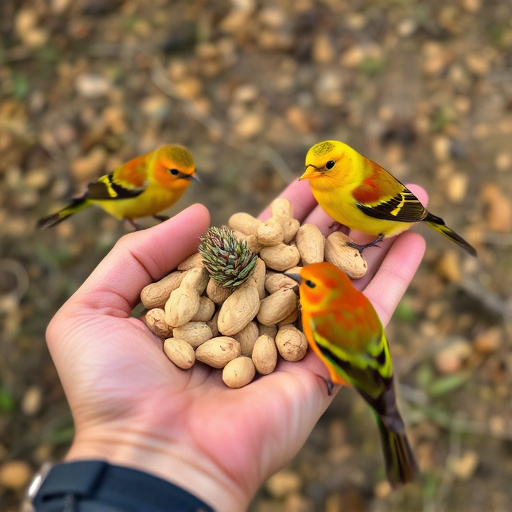 Hand holding fresh peanuts for birds