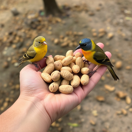 Hand holding fresh peanuts for birds