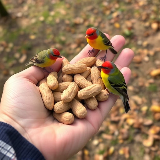 Hand holding fresh peanuts for birds