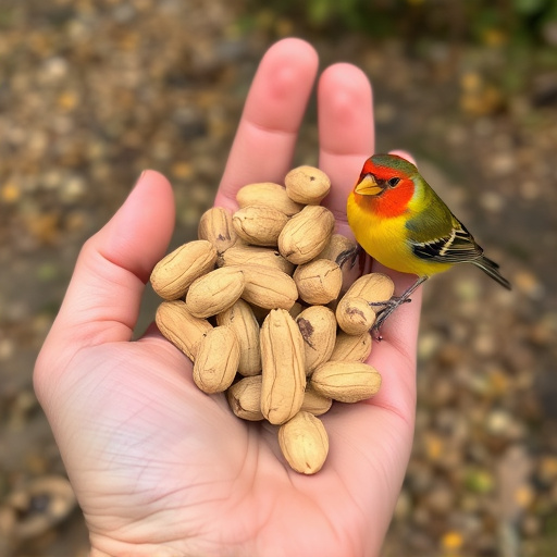 Hand holding fresh peanuts for birds