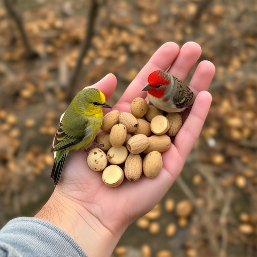 Hand holding fresh peanuts for birds