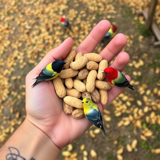 Hand holding fresh peanuts for birds
