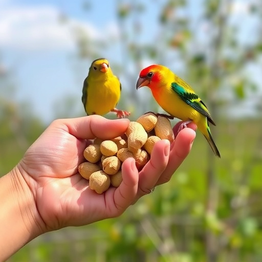 Hand holding fresh peanuts for birds