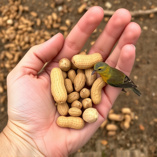 Hand holding fresh peanuts for birds