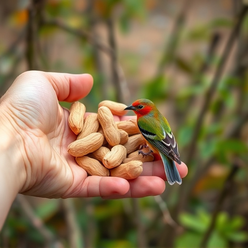 Hand holding fresh peanuts for birds