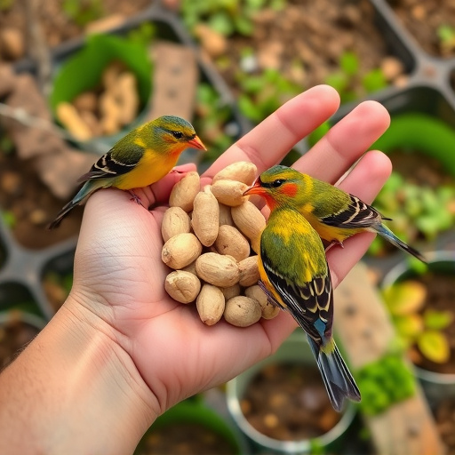 Hand holding fresh peanuts for birds