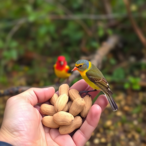 Hand holding fresh peanuts for birds
