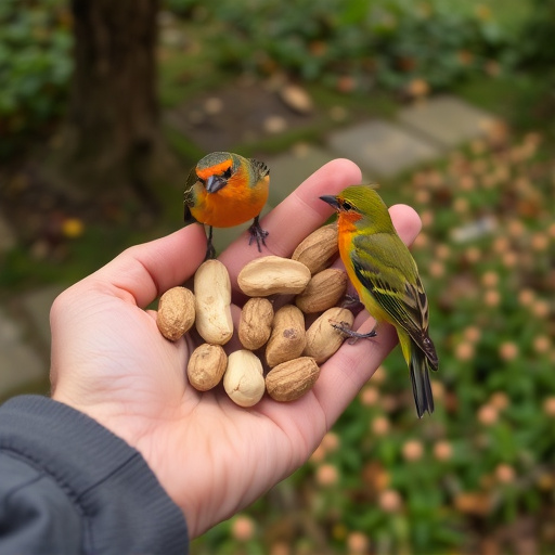 Hand holding fresh peanuts for birds