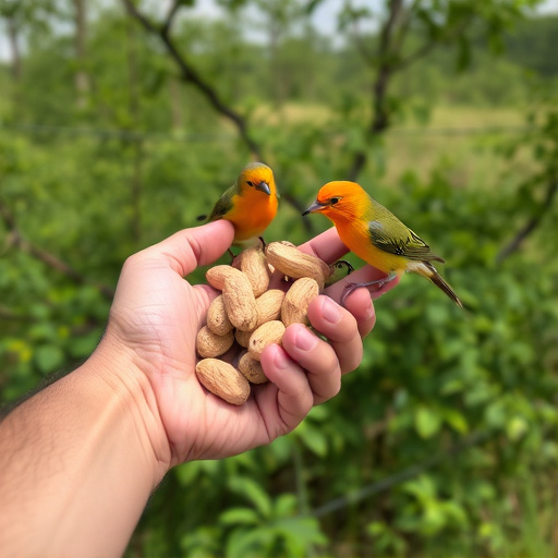 Hand holding fresh peanuts for birds