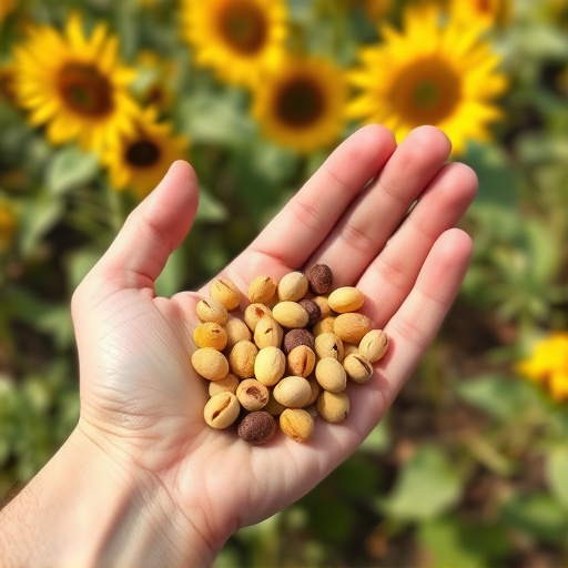 Hand holding handful of sunflower hearts