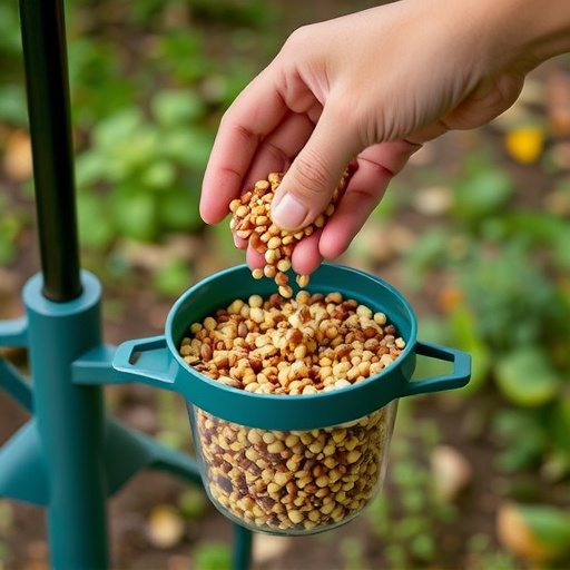 Hand pouring no-mess seeds into feeder