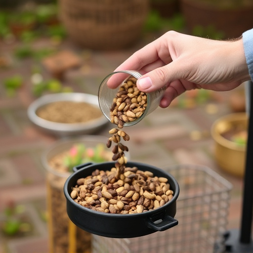 Hand pouring no-mess seeds into feeder