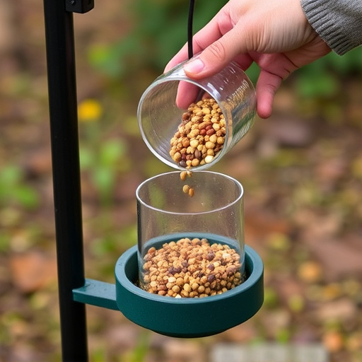 Hand pouring no-mess seeds into feeder