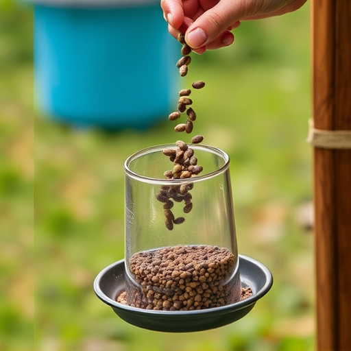 Hand pouring no-mess seeds into feeder