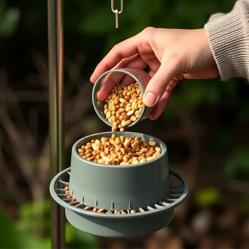 Hand pouring no-mess seeds into feeder