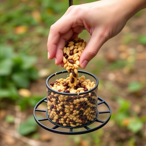 Hand pouring no-mess seeds into feeder