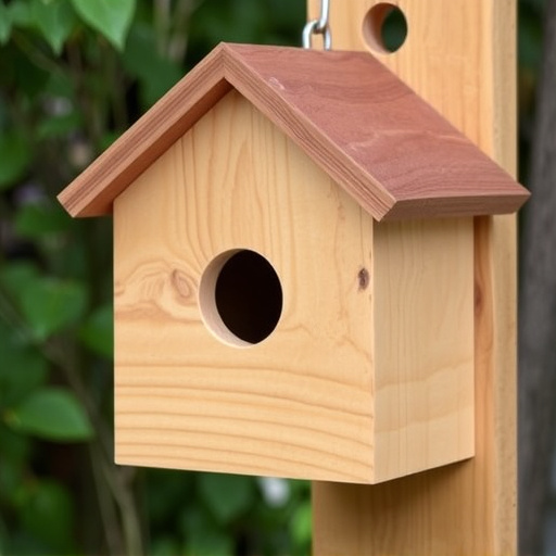 Handcrafted bird box with feeding hole