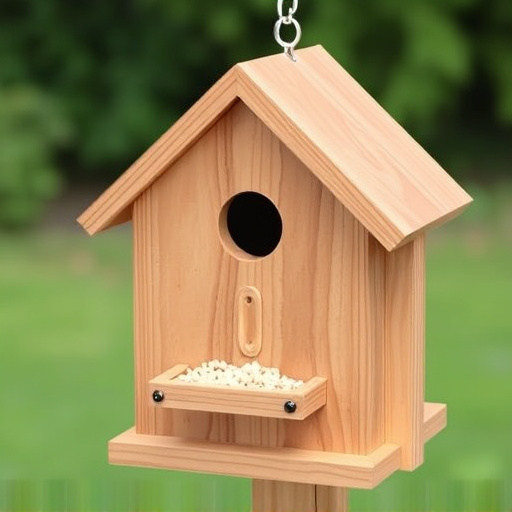 Handcrafted bird box with feeding hole