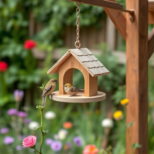 Hanging bird table in cottage garden