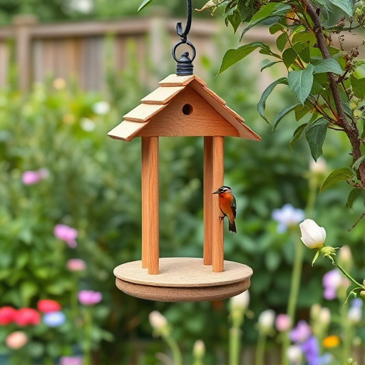 Hanging bird table in cottage garden