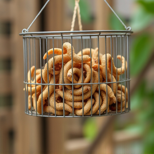 Hanging cage with live mealworms