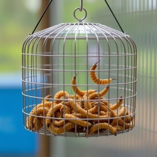 Hanging cage with live mealworms